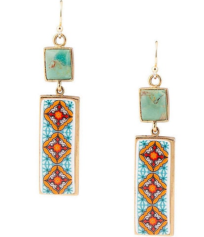 Barse Bronze Genuine Turquoise Stone and Printed Tile Drop Earrings