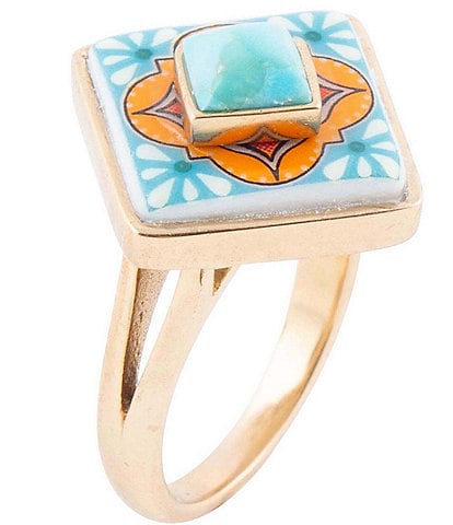 Barse Bronze Genuine Turquoise Stone and Printed Tile Statement Ring