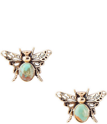 Barse Bronze and Genuine Turquoise & Yellow Agate Stone Bee Stud Earrings