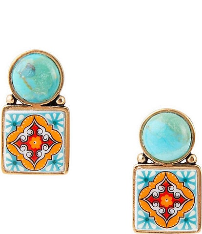 Barse Bronze and Genuine Turquoise Stone and Printed Tile Drop Earrings