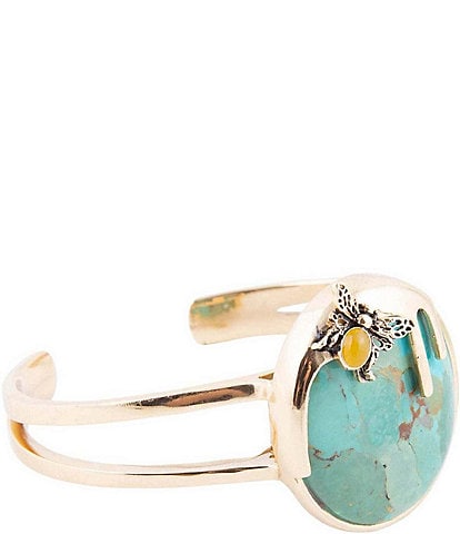 Barse Bronze and Genuine Turquoise and Yellow Agate Stone Bee Cuff Bracelet