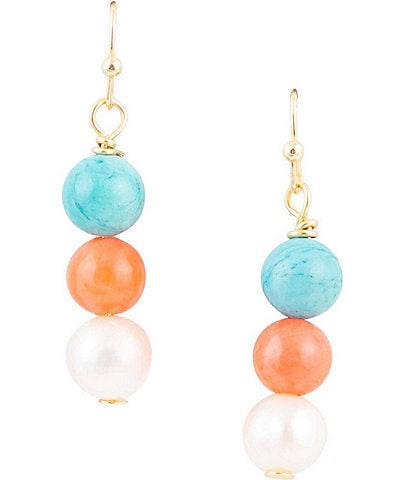 Barse Coral, Pearl and Genuine Turquoise Magnesite Drop Earrings