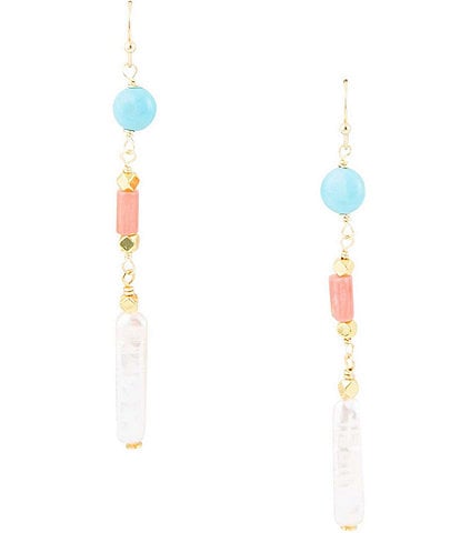 Barse Coral Pearl and Turquoise Magnesite Genuine Stone Linear Earrings