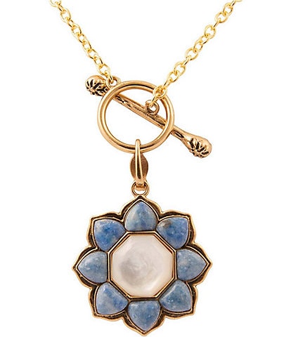 Barse Denim Lapis and Mother Of Pearl Flower Motif Pendant Necklace
