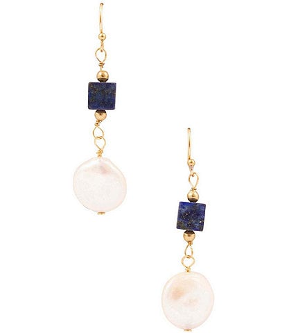 Barse Friendly Denim Lapis and Pearl Linear Earrings