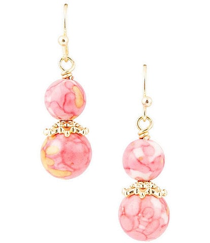 Barse Mottled Pink Jade Golden Drop Earrings