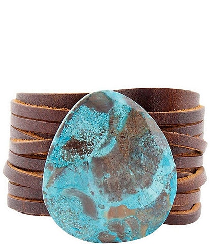 Barse Genuine Ocean Agate Stone Leather Snap Back Cuff Bracelet