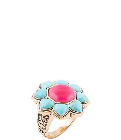 Barse Blue Turquoise and Red Quartz Flower Golden Ring