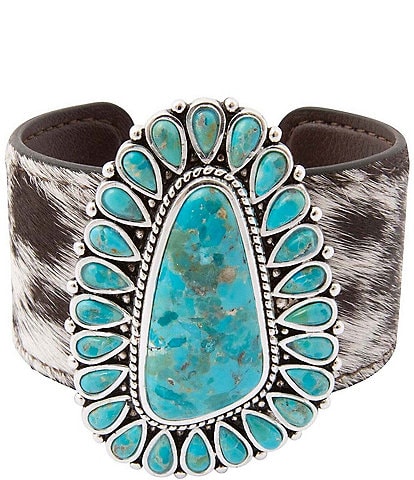 Barse High Plains Silver, Genuine Turquoise And Cowhide Statement Cuff Bracelet