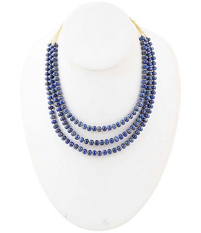 Barse Blue Lapis Triple Strand Beaded Golden Necklace