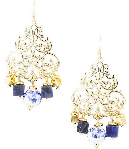 Barse Lapis Genuine Stone and Porcelain Chandelier Earrings