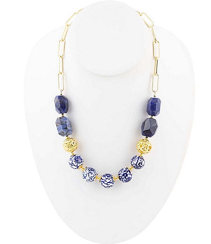 Barse Lapis Genuine Stone and Porcelain Collar Necklace