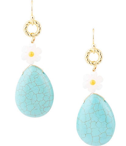 Barse Magnesite Genuine Stone and Carved Mother-of-Pearl Flower Drop Earrings
