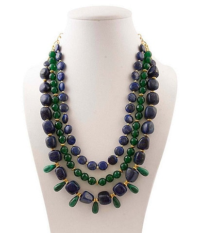 Barse Midnight Garden Golden, Lapis and Green Onyx Long Multi-Strand Necklace