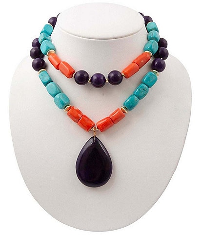 Barse Moroccan Spice Genuine Stone Beaded Stretch Statement Pendant Necklace