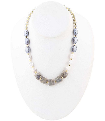 Barse Pearl Labradorite Genuine Stone and Glass One Row Collar Necklace