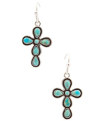 Barse Sacred Sky Silver and Genuine Turquoise Cross Drop Earrings
