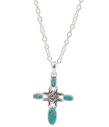 Barse Scroll Cross Silver And Genuine Turquoise Long Pendant Necklace