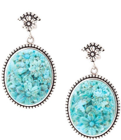 Barse Sterling Silver and Carved Floral Genuine Turquoise Drop Earrings