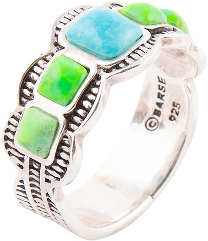 Barse Sterling Silver and Genuine Blue and Lime Turquoise Band Ring