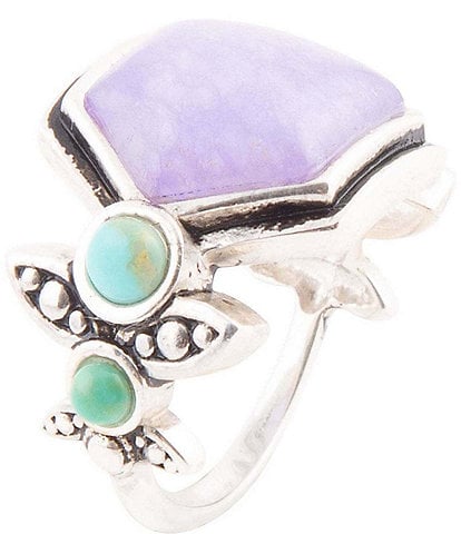 Barse Sterling Silver and Genuine Purple Quartz & Turquoise Stone Southwest Floral Band Ring