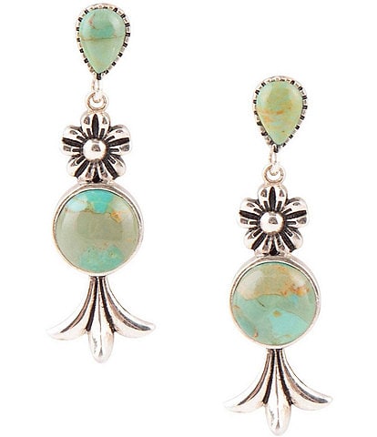 Barse Sterling Silver and Genuine Stone Turquoise Squash Blossom Linear Earrings