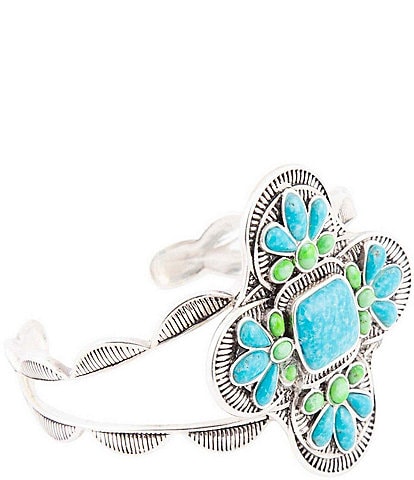Barse Sterling Silver and Turquoise Green Genuine Stone Cross Cuff Bracelet