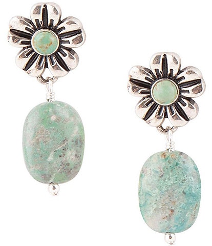 Barse Sterling Silver Genuine Stone Turquoise and Magnesite Squash Blossom Flower Post Drop Earrings