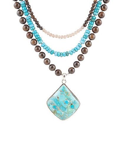 Barse Sterling Silver, Genuine Turquoise, Bronzite and Crystal Statement Necklace