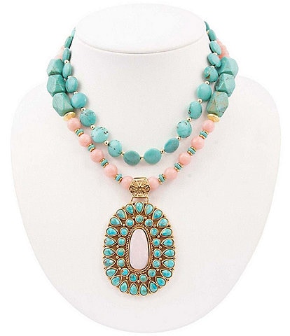 Barse Cactus Rose Turquoise Beaded Statement Short Pendant Necklace