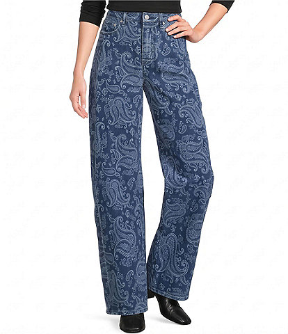 Bayeas Denim Tonal Paisley Print High Rise Barrel Leg Full Length Jeans