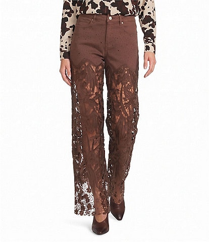 Bayeas Stretch Denim High Rise Lace Embellished Wide Leg Ankle Jeans