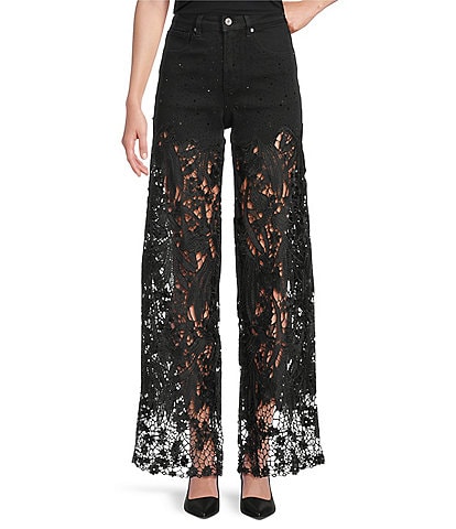 Bayeas Stretch Denim High Rise Lace Embellished Wide Leg Ankle Jeans