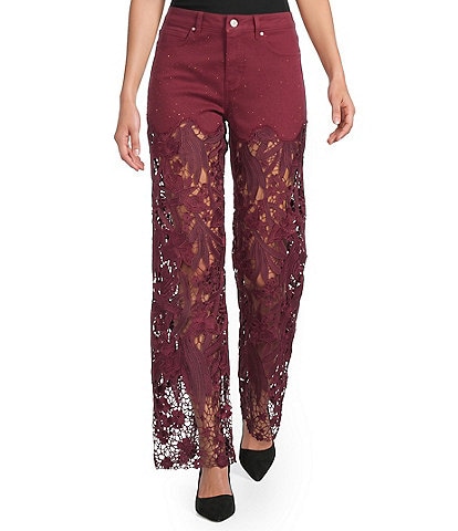 Bayeas Stretch Denim High Rise Lace Embellished Wide Leg Ankle Jeans