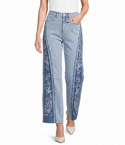 Bayeas Ultra High Rise Wide Leg Embroidered Medium Wash Jeans