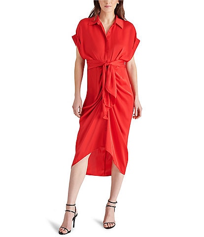 Steve Madden Tori Satin Point Collar Short Kimono Cuff Sleeve Belted Ruched Front Asymmetrical Hem Midi Shirt Dress