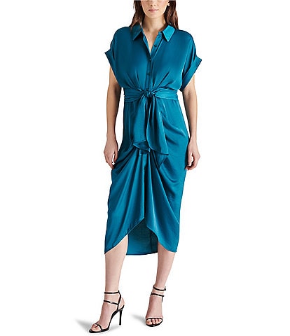 Steve Madden Tori Satin Point Collar Short Kimono Cuff Sleeve Belted Ruched Front Asymmetrical Hem Midi Shirt Dress