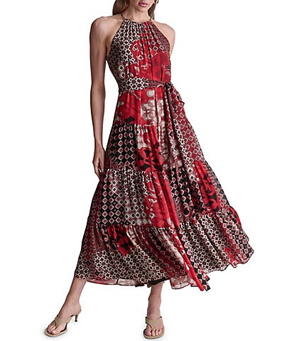 BCBG Halter Chiffon Patchwork Midi Dress