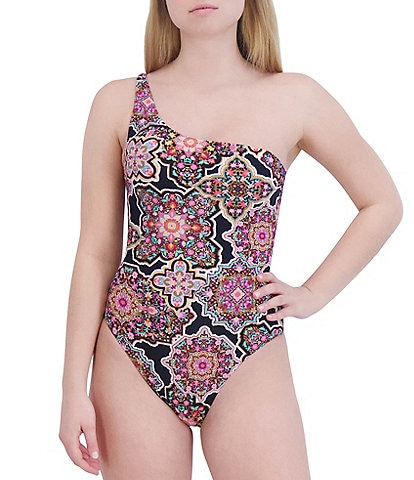 BCBG MaxAzria Sintra Printed One Shoulder Lace-Up One Piece Swimsuit