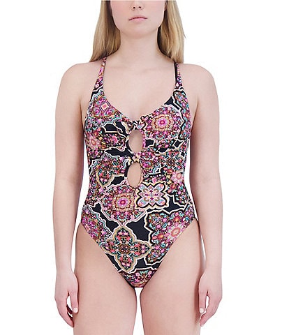 BCBG MaxAzria Sintra Printed Plunge V-Neck Cut-Out One Piece Swimsuit