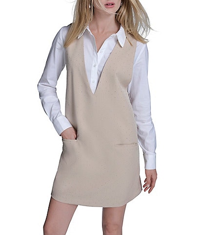 BCBG Point Collar Button Front Rhinestone Stretch Twofer Shift Dress