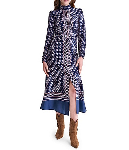 BCBG Printed Hammered Satin Long Sleeve Midi Dress