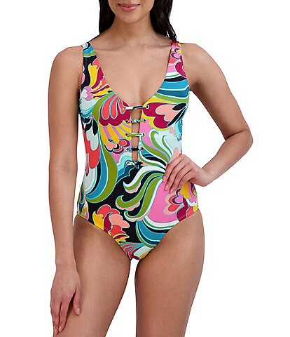 BCBG Max Azria Printed Lace Up Grommet Mio One Piece Swimsuit
