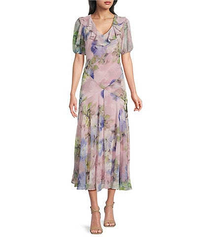 BCBG Short Sleeve Print Chiffon Ankle Length Dress