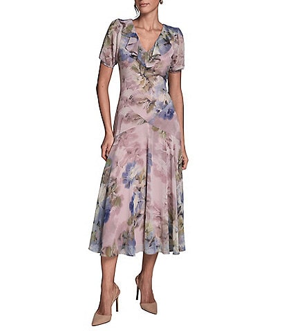 BCBG Chiffon Floral Print Short Puff Sleeve Sheath Midi Dress