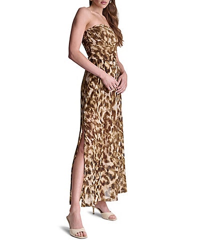 BCBG Strapless Cheetah Mesh Maxi Dress