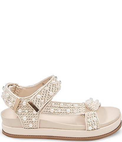 BCBGeneration Behka Raffia Pearl Ankle Strap Flat Platform Sandals