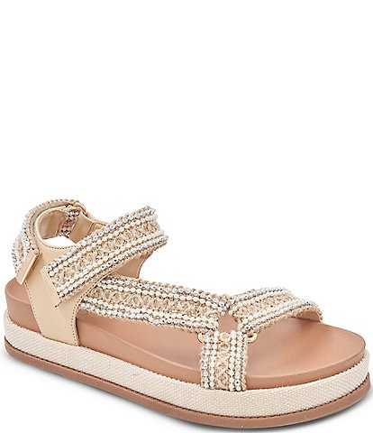 BCBGeneration Behka Raffia Rhinestone Ankle Strap Flat Platform Sandals