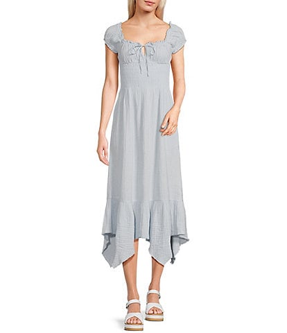 BDG Urban Outfitters Suki Linen Shirred Short Sleeve Midi Dress