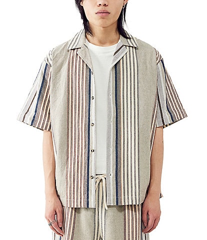 BDG Urban Outfitters Woven Revere Stripe Print Short Sleeve Button Front Shirt